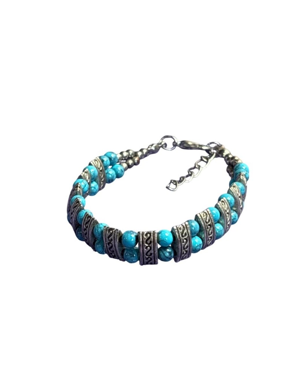 Faux Turquoise Beaded Bracelet Silvertone 6.25 - 7.25 inches
